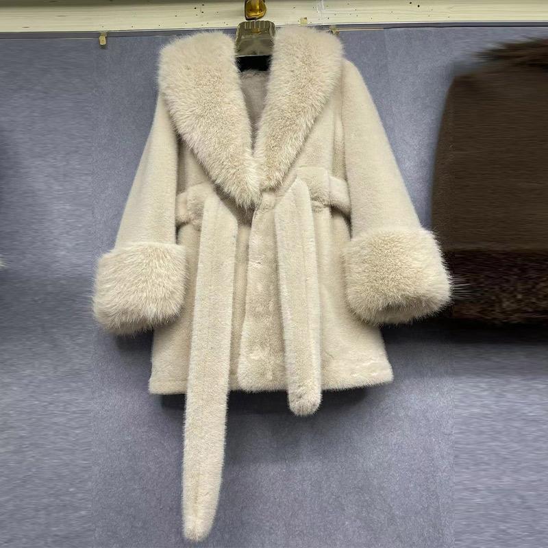 Однотонное искусственное меховое пальто средней длины для женщин, зимнее, с большим воротником из искусственного меха лисы и длинными рукавами, парки, модная верхняя одежда