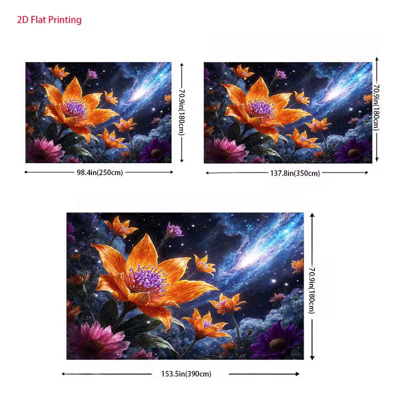 2D Themed Tapestry for Modern Decor, Cosmic Flowers with a Bright Nebula and Starry Night
