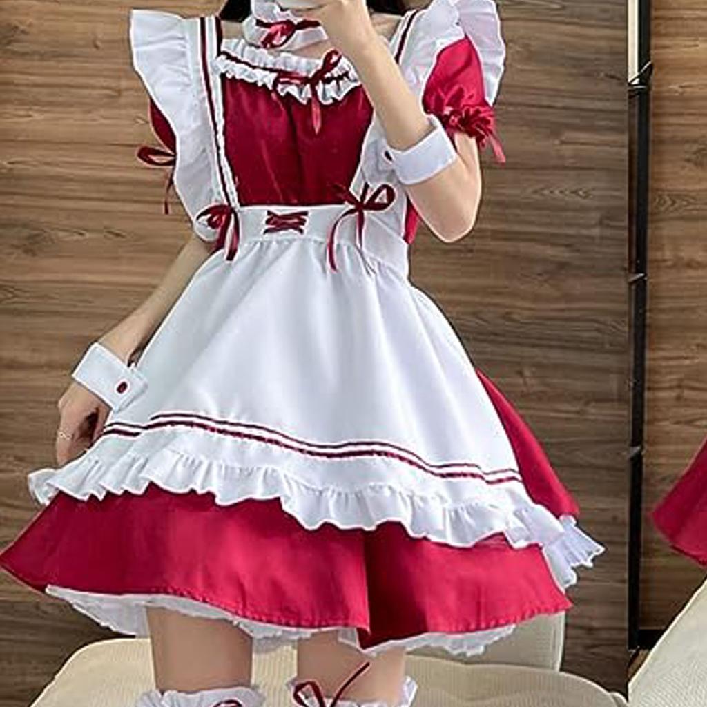 Maid Costume Ruffle Frill Trim Cute Bow Apron Dress Cosplay Makeup Outfit with Headwear Neck Leg
