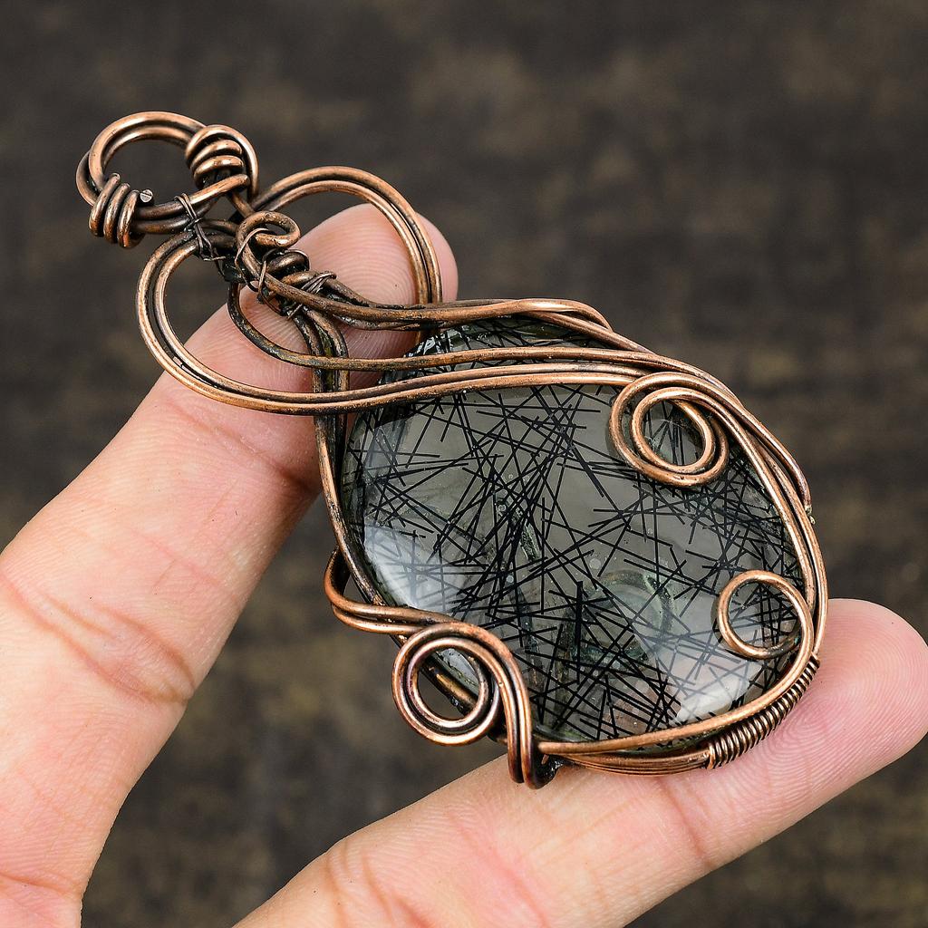 Natural Black Rutile Gemstone Handmade Copper Wire Wrap Pendant 3.39 T7q46