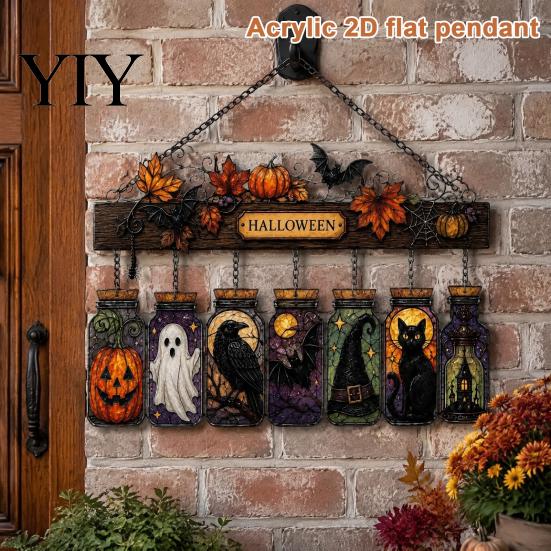 Waterproof Acrylic Hanging Sign Halloween Suncatcher, Stained Glass Style Pumpkin Ghost Potion Bottles Window Seasonal Display Props Decor, Gothic Sun