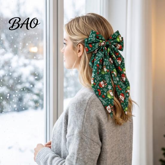 Red And Green Christmas Hair Clips Bows for Women Girls, Snowman Bow Clips, Handmade Elk Printed Bows, Festive Holiday Ribbons with Long Tail,