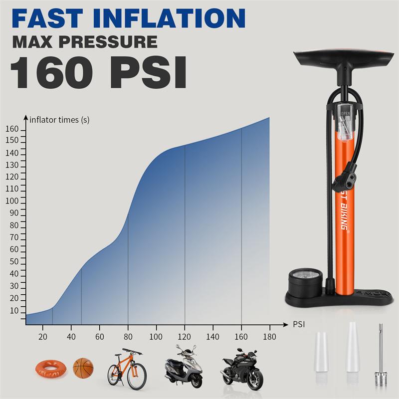 WEST BIKING 160PSI Bike Pump With Gauge Portable Floor Pump For Schrader/Presta Valve Tire Inflator MTB Road Bike Accessories