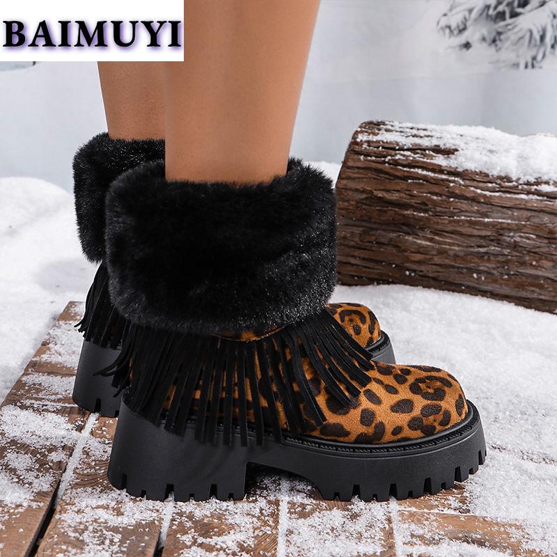 Туфли женские на платформе с леопардовым мехом и бахромой, зимние ботинки на среднем каблуке, теплые ботинки челси, тренд 2025 года, новые туфли-лодочки Mujer Botas
