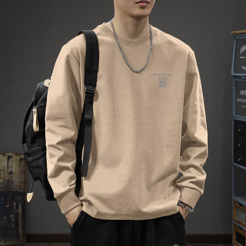 Оформление: Мужская осенняя базовая футболка с длинным рукавом из плотного хлопка 2025, толстовка свободного кроя с круглым вырезом