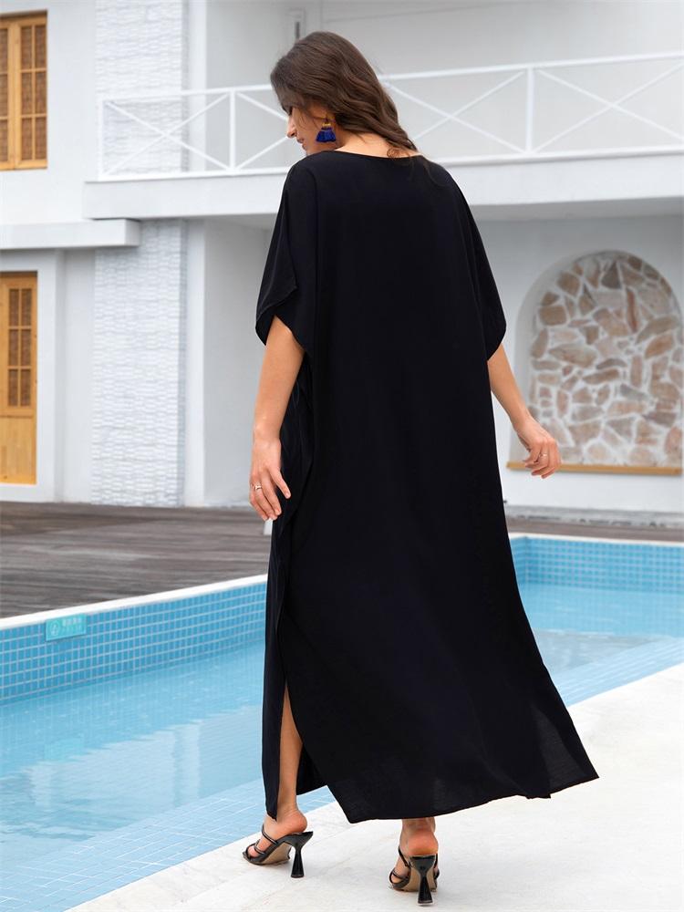 EDOLYNSA 2024 черный кафтан больших размеров с вышитыми бабочками, халат с V-образным вырезом, рукавами «летучая мышь», женское пляжное платье, купальник, накидка, уютная домашняя одежда Q1703