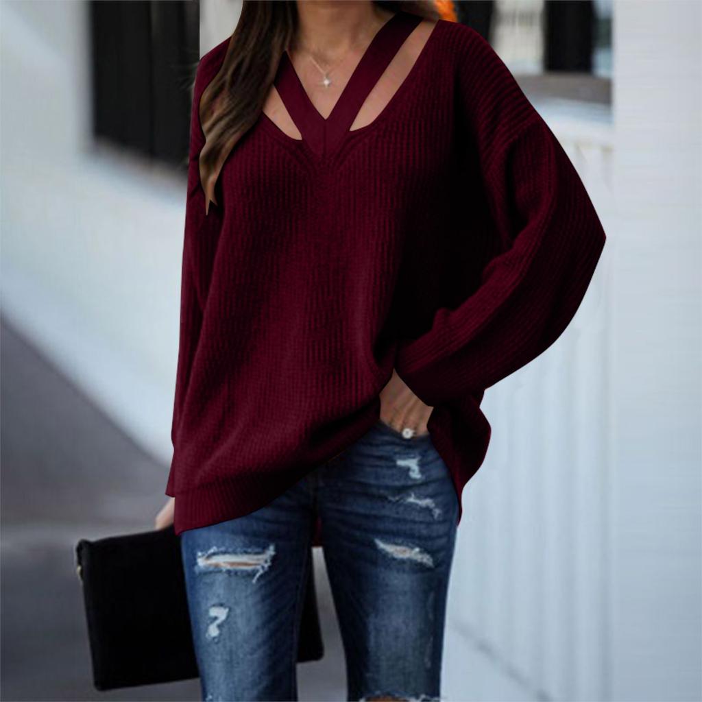 Женский модный свободный свитер с V-образным вырезом и длинным рукавом, однотонный повседневный свитер