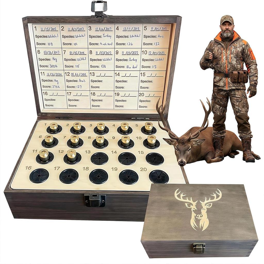 The ’s Memory Box, Wooden Hunting Keepsake Box With 20 Casing Slots, Engraved Stag Display Case With Hunting Log And Lock, Memorial Gifts