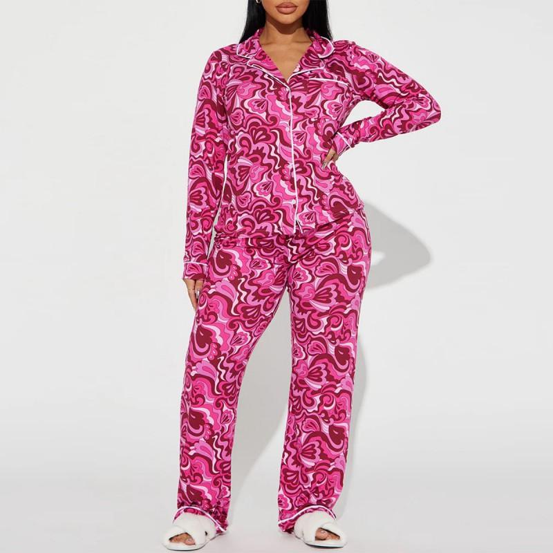 Womens Pajama Set With Print Collar Long Sleeve Top Pants Soft Milk Silk Sleepwear Home Hotel
