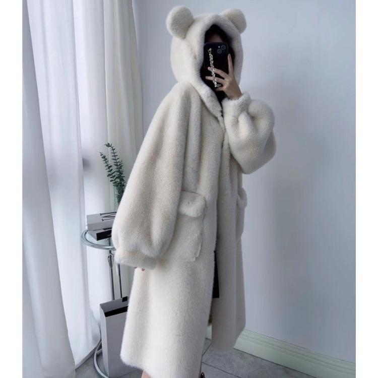 Теплое пальто с капюшоном из искусственного меха женское зимнее милое на флисовой подкладке толстое длинное универсальное