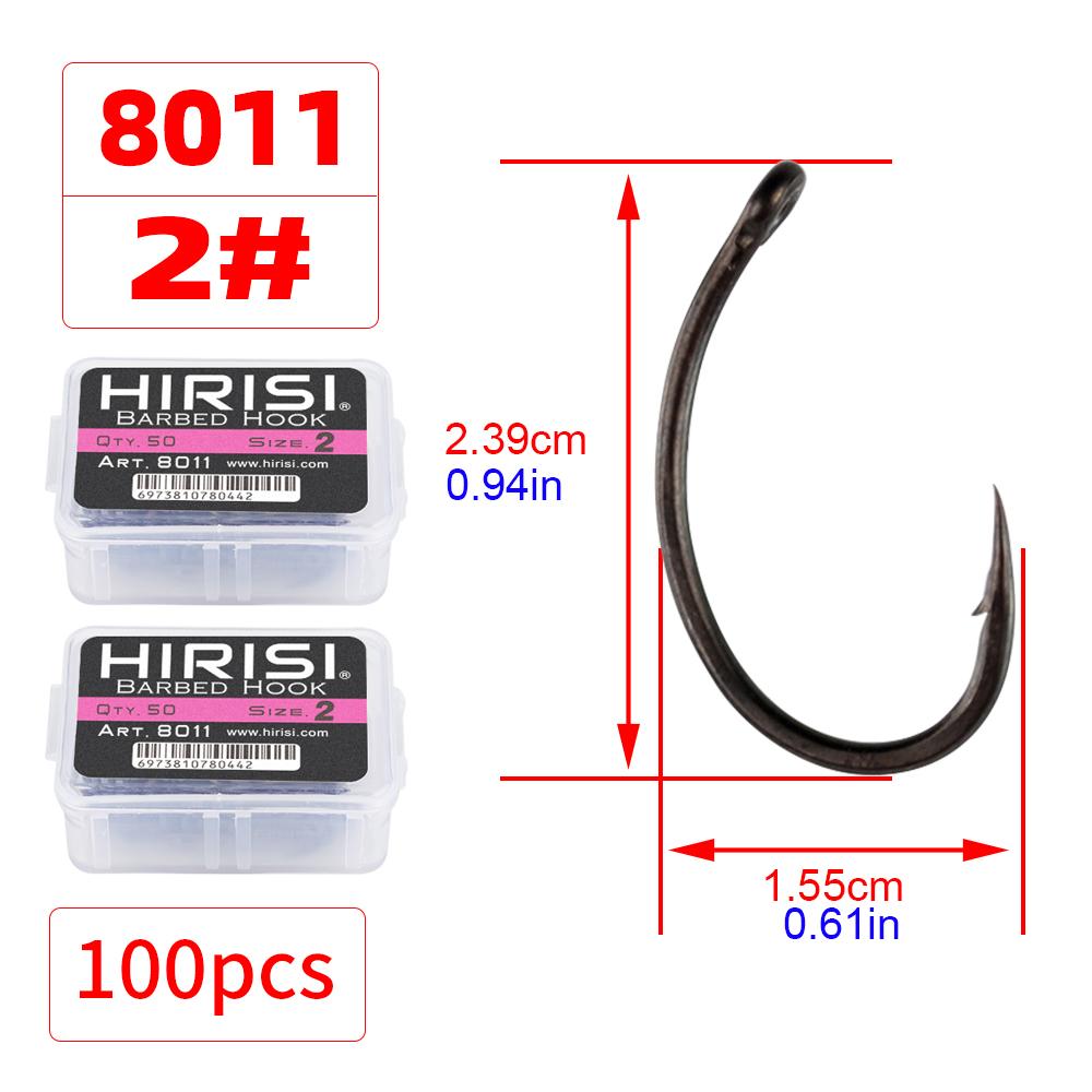 Hirisi 50/100 шт. Крючки для карповой ловли с покрытием PTFE Стальные крючки с бородкой В коробке 8011 Рыболовные аксессуары