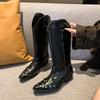 Высокие сапоги Осень Новые Заостренный носок Комбинированные Клепки Мягкая подошва Противоскользящие Износостойкие Блочный каблук Одинарные сапоги