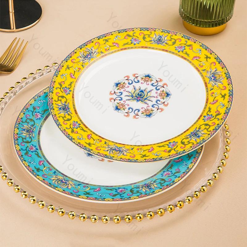 Эмалированная ретро-тарелка для столовой в китайском дворцовом стиле, керамические тарелки, поднос для фруктов и десертов, изысканная посуда для завтрака