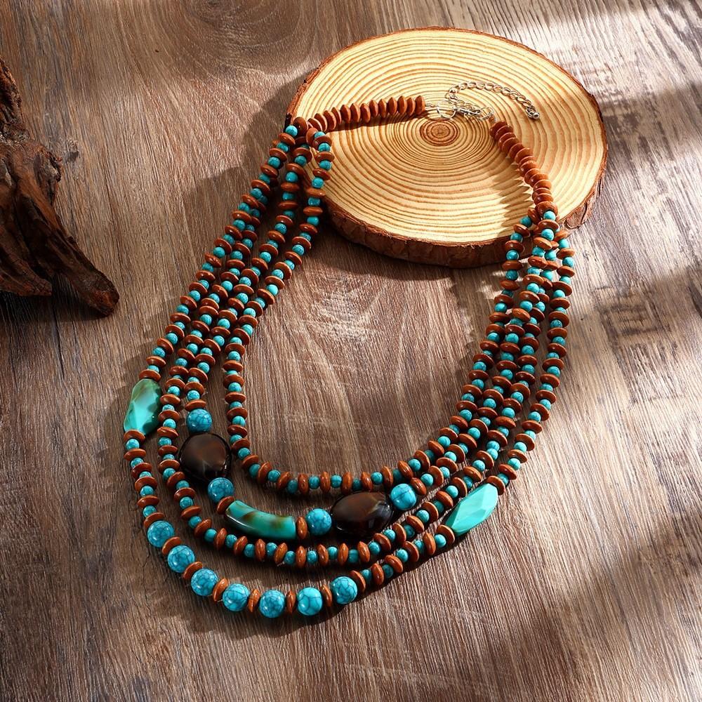 Art Bohemian Multilayer Wooden Pearl Necklace Round Geometric Decoration Women