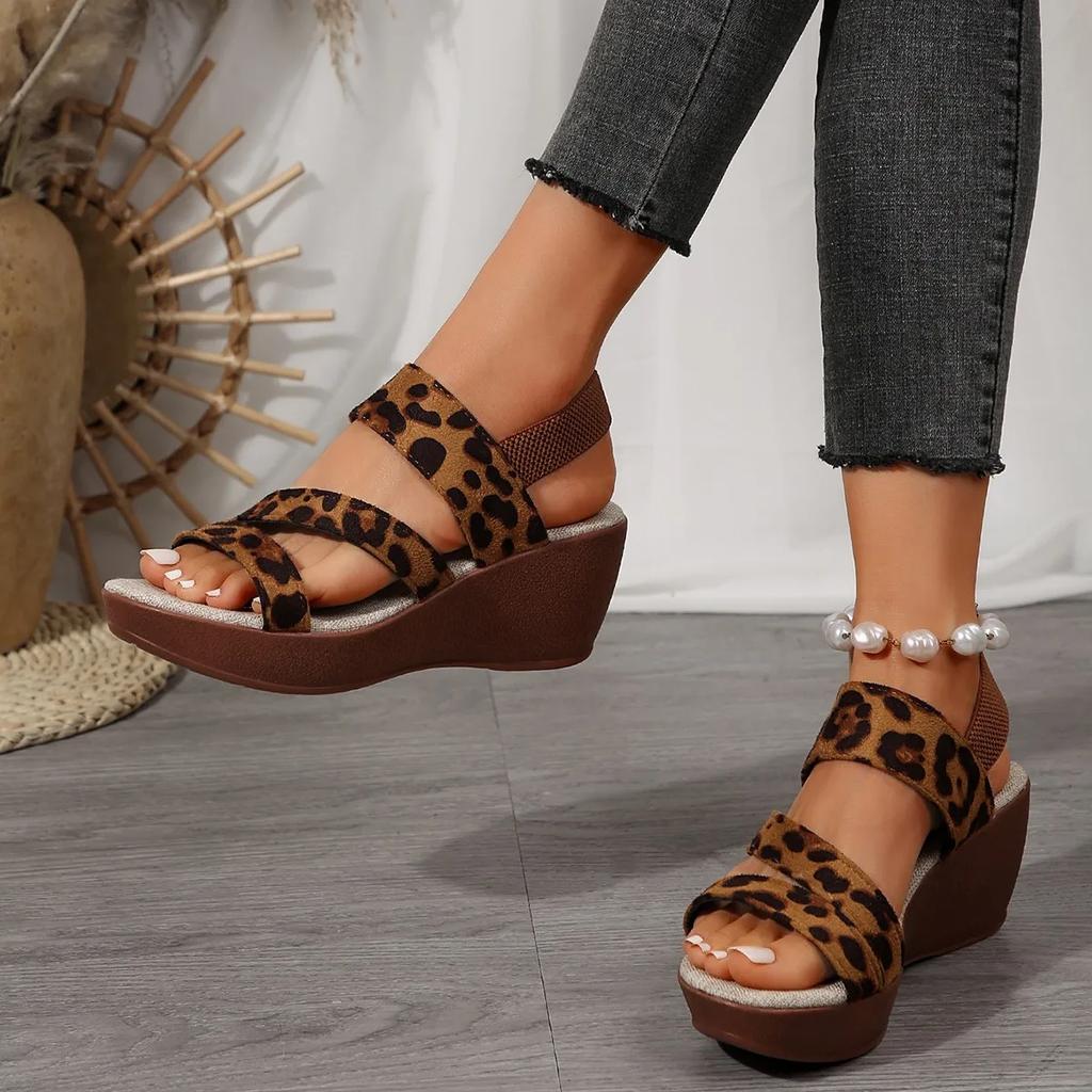 2024 Summer High-quality Women's Shoes Fashion Open-toe Leopard Print Color Wedge One-line Buckle Women's High-heeled Sandals
