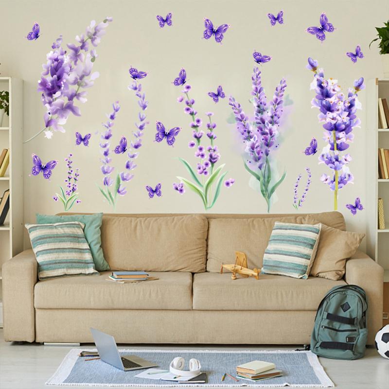 2 листа/комплект, фиолетовые наклейки на стену лаванды, съемные струйные наклейки для украшения спальни, гостиной