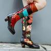 Genuine Leather Women Shoes Fashion Printed Colorful Spliced Lace Up Thick Heel Mid-calf Boots