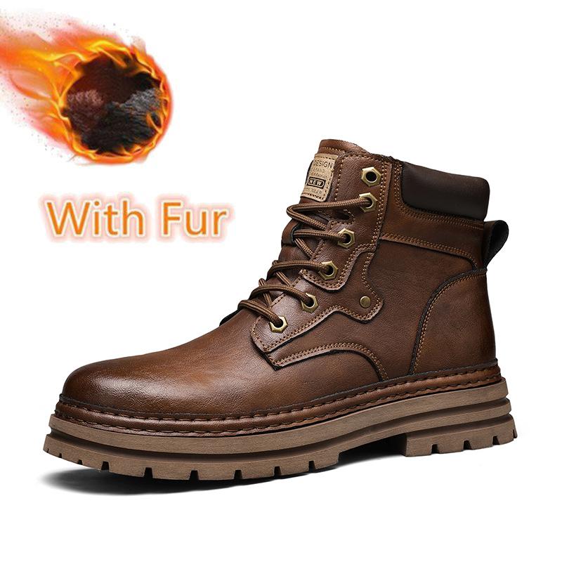 Fashion Genuine Leather Ankle Boots Man Round Toe Style Outdoor Motorcycle Boots Warm Plush Fur Winter Boots for Men Comfy Walking Shoes