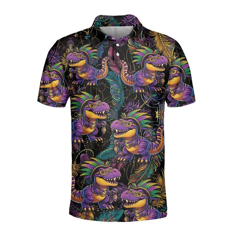 Carnival Mask Print Short Sleeve Polo, Stylish Themed Casual Top