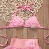 2Pcs Baby Summer Swimwear, Solid-Color Hanging-Neck Floral Top + Tutu Skirt