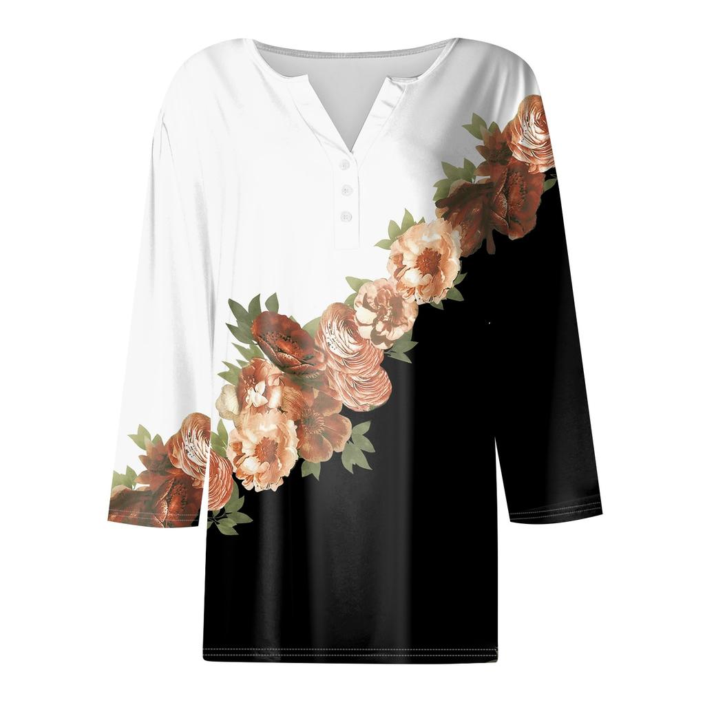 Women's T Shirt Tee Print Button  3/4 Sleeve Daily Weekend Fashion Basic V- Neck Regular Top