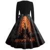 Women's Casual Fashion Halloween Print Square Neck Vintage Style Long Sleeve Dress with Waist Tie Belt Retro A-Line Midi Dress for Fall