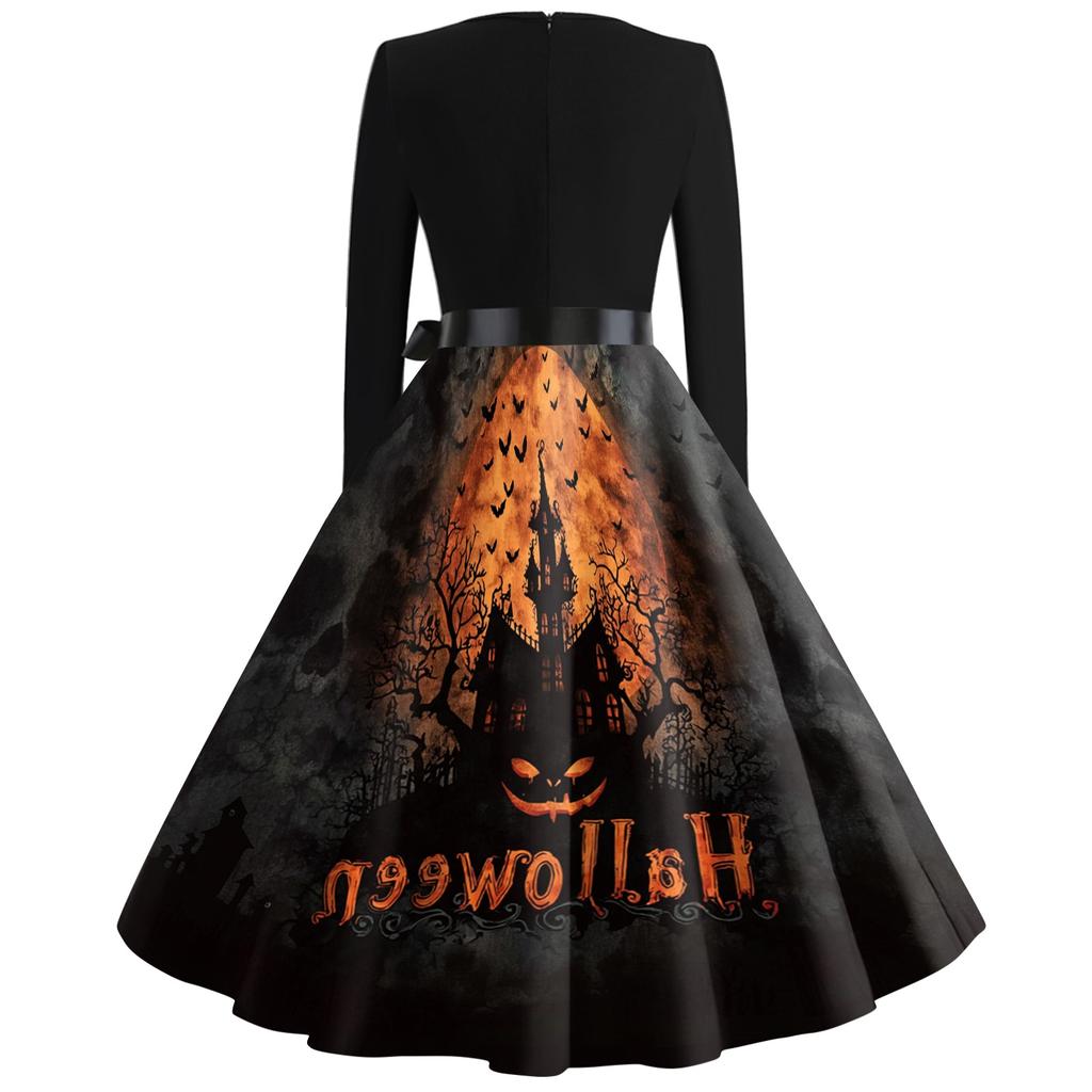 Women's Casual Fashion Halloween Print Square Neck Vintage Style Long Sleeve Dress with Waist Tie Belt Retro A-Line Midi Dress for Fall