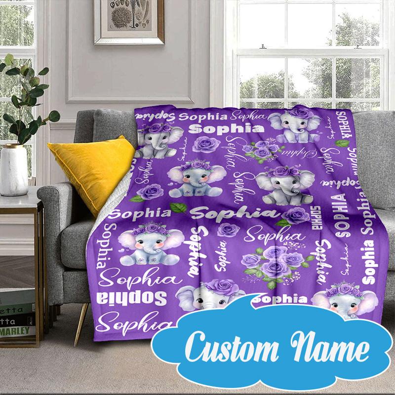 Custom Name Purple Elephant Blanket bed sofa Blanket Flannel Blanket for Camping, Hiking, Picnic Essentials,gift for Fan family
