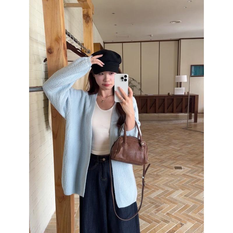 Autumn and winter new lazy style bark pattern fashionable versatile loose medium and long bubble sleeve knitted sweater jacket women