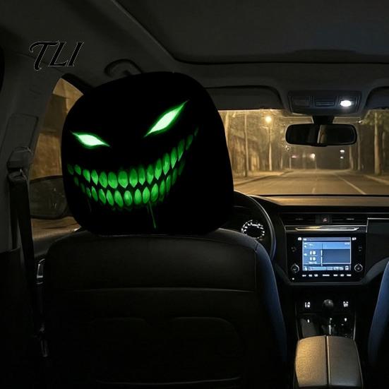 Novelty Auto Decorations 2Pcs Spooky Car Headrest Covers, Cartoon Evil Face Seat Breathable Interior Protectors, Elastic Protectors for