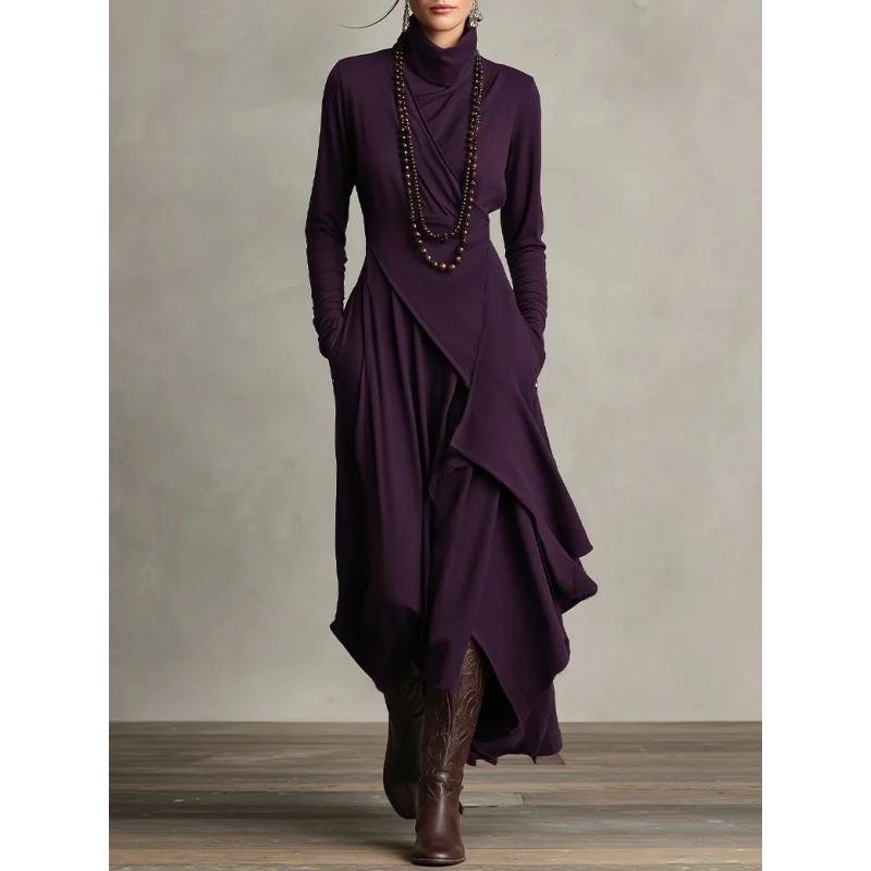 Womens Fall Long Dress Solid Color Cross High Neck Sleeve Loose A-Line Daily Wear