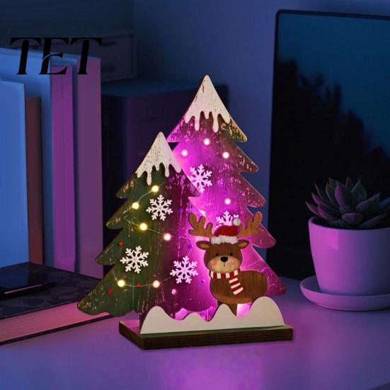 LED Lighted Xmas Tree Wooden Christmas Table Decor with Light, Rustic Standing Sign Holiday Decoration Reindeer Santa Claus for Tiered Tray,