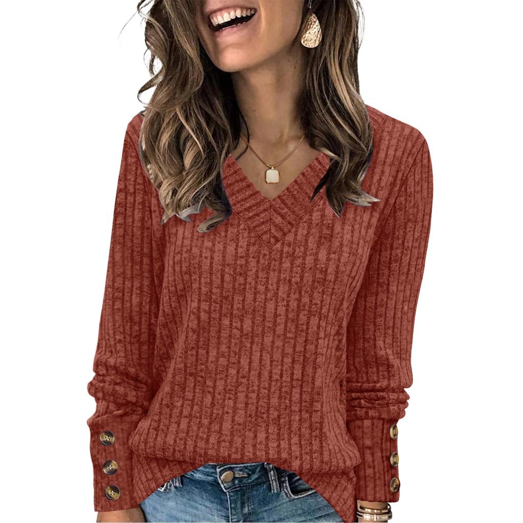 Женская футболка, футболка, пуговица, длинный рукав, туника, повседневная, для выходных, модная, базовая, с V-образным вырезом, обычный топ