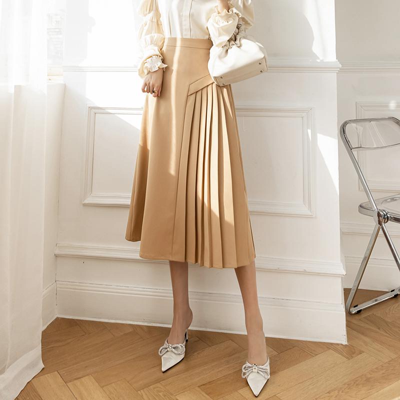 Summer Fashion Pleated Office Skirt Women Clothes Black Khaki Work Wear Ladies Skirts Formal