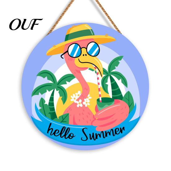 Tropical Island Patio Signage Summer Wooden Hanging Sign, Beach Style Wall Decor with Hemp Rope, Flamingo Palm Leaf Art Indoor Outdoor Theme