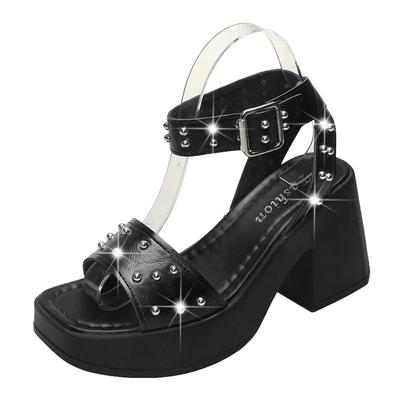 Модная обувь для женщин Новый бренд Сандалии женские с ремешком на щиколотке Платформа Вечерние сандалии на каблуке Сандалии с заклепками Высокий широкий каблук Ремешок с пряжкой Высокие каблуки