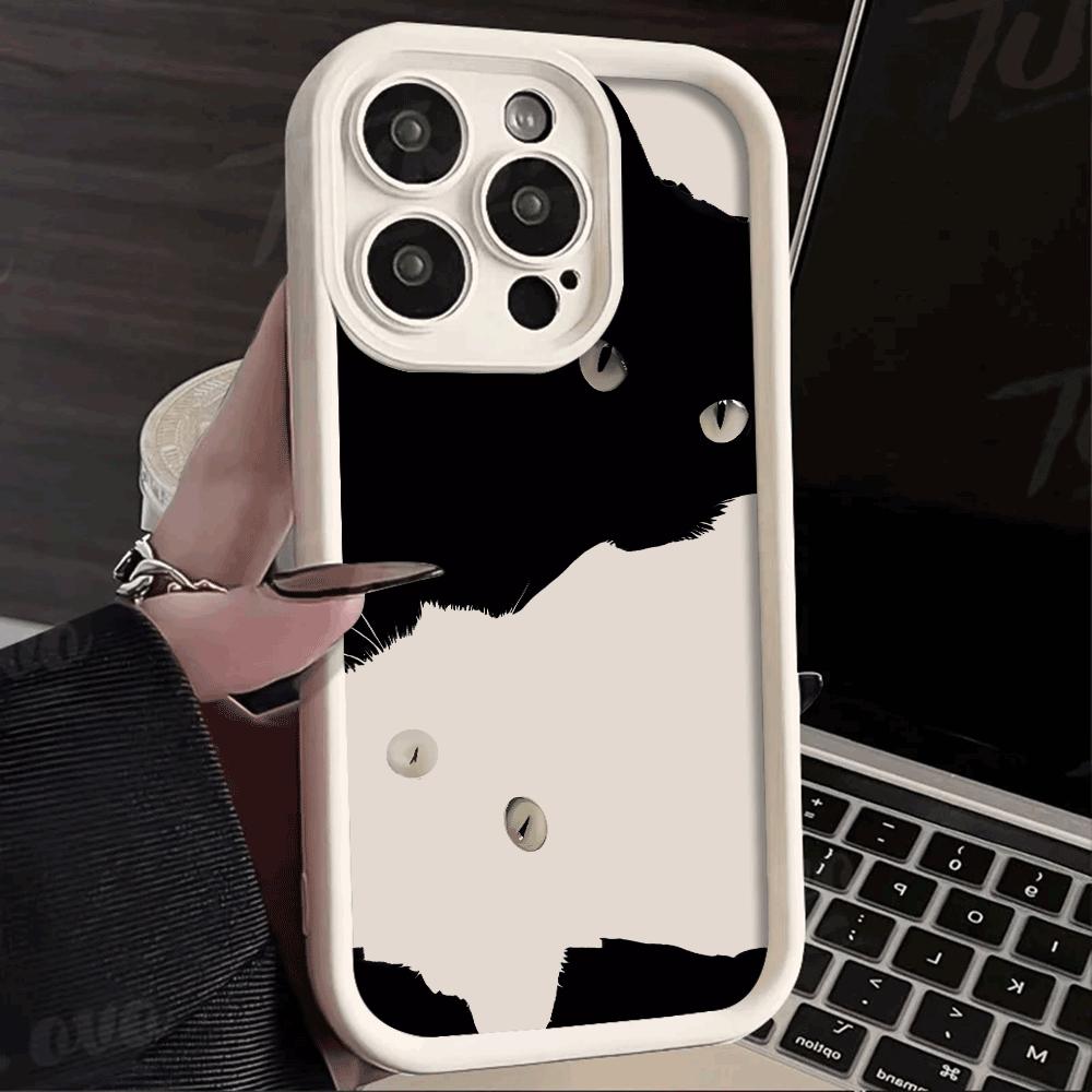 Cute black And White Cat Silicone Phone Case For  iphone 16 15 14 13 12 11 Pro Max Shockproof Soft Shell Cover