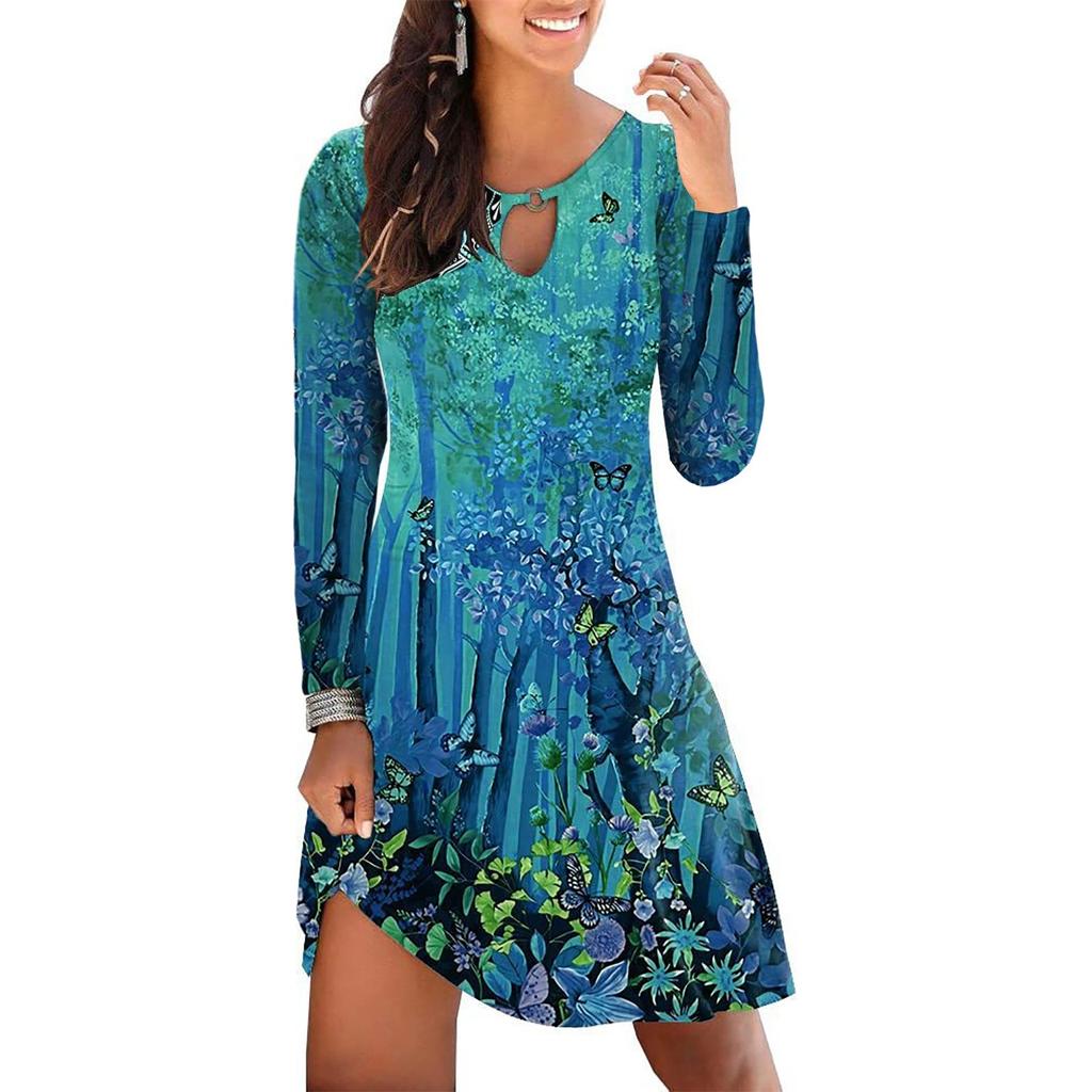 GMXIA Женская мода весна осень однотонный принт с длинным рукавом и круглым вырезом повседневные платья