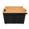 Kitchen island on casters, pull-out dining area with worktop and waste bin compartment, with power sockets (Black)