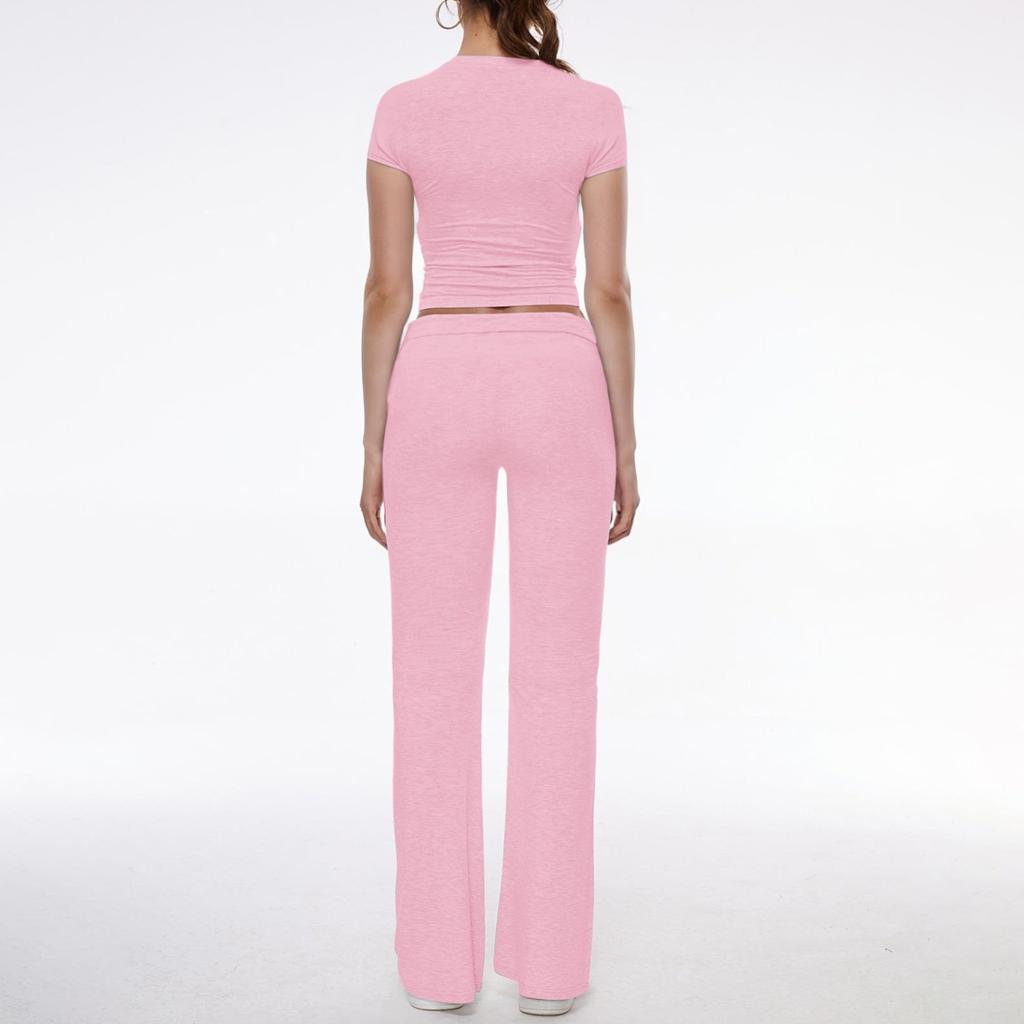 Женская мода, однотонный топ с круглым вырезом и короткими рукавами, повседневные брюки, спортивный комплект