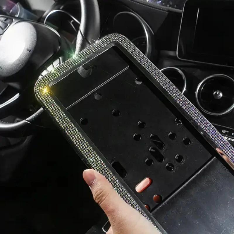Bling Diamond Car Russian Auto License Plate Frame Holder Stainless Steel Auto Styling Exterior Accessories Women 53.5*12.5cm