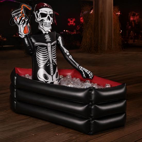 Decorative Cooler for Theme Parties Halloween Inflatable Skull Ice Bucket, Pirate Skeleton Drink Party, Party Decorations Yard Thickened PVC Portable