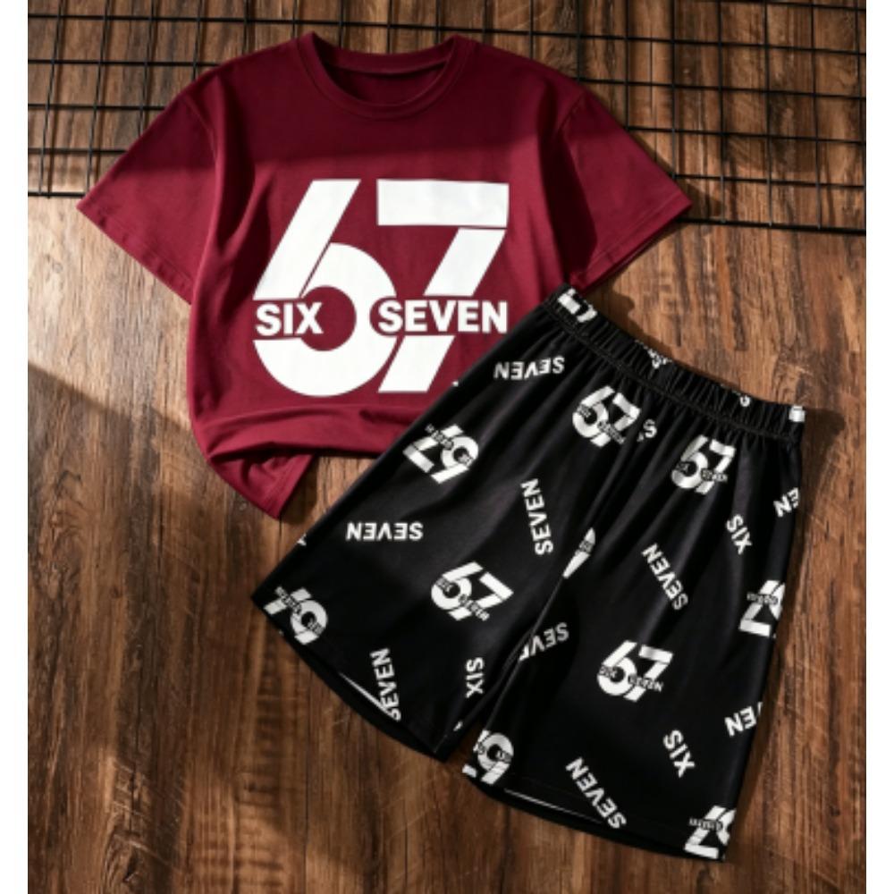 Мужской Комплект Six Seven 67 с Принтом Мужская Футболка и Шорты Комплект из 2 Предметов Летний Повседневный Уличный Мужские и Женские Комплекты с Футболками