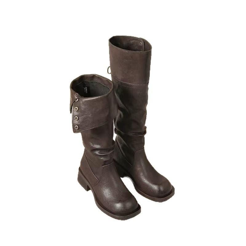 Cowhide version~ Genuine leather platform two through knee boots women's retro thick heel stacked boots western cowboy boots knight boots
