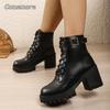 Мода Женская Мода Ботильоны на Толстом Каблуке с Пряжкой-Ремнем Черная Искусственная Кожа На Высоком Каблуке Ботильоны на Платформе Женская Обувь Осень Зима