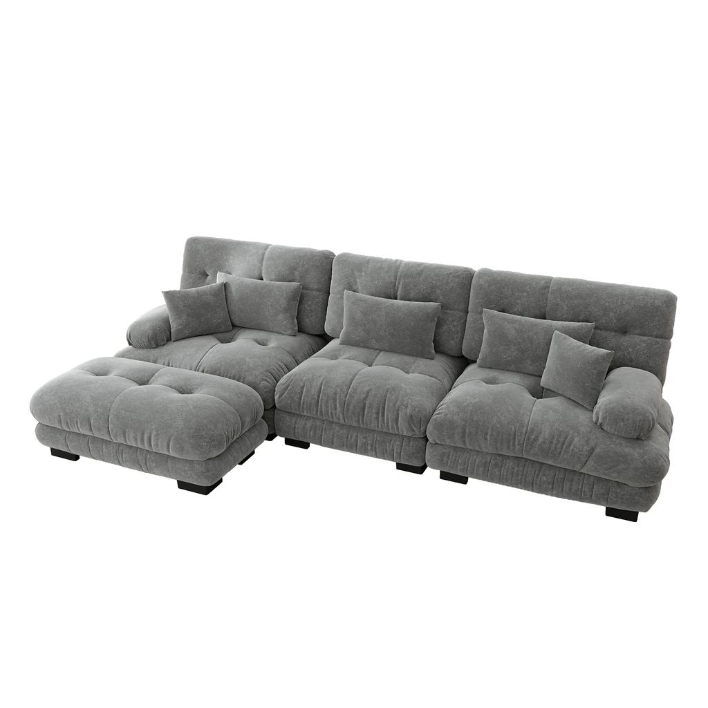 Luxurious Modular Corner Sofa - Oversized L-Shaped Cloud Couch for Living Room, Deep Sleeper Sofa with Ottoman, Corduroy, Chenille Grey