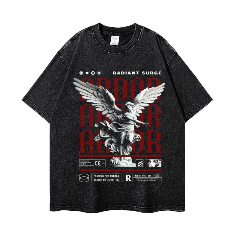 Vintage Washed Angel Statue Graphic Tee Mens Oversized Loose Fit Cotton T-Shirt Streetwear