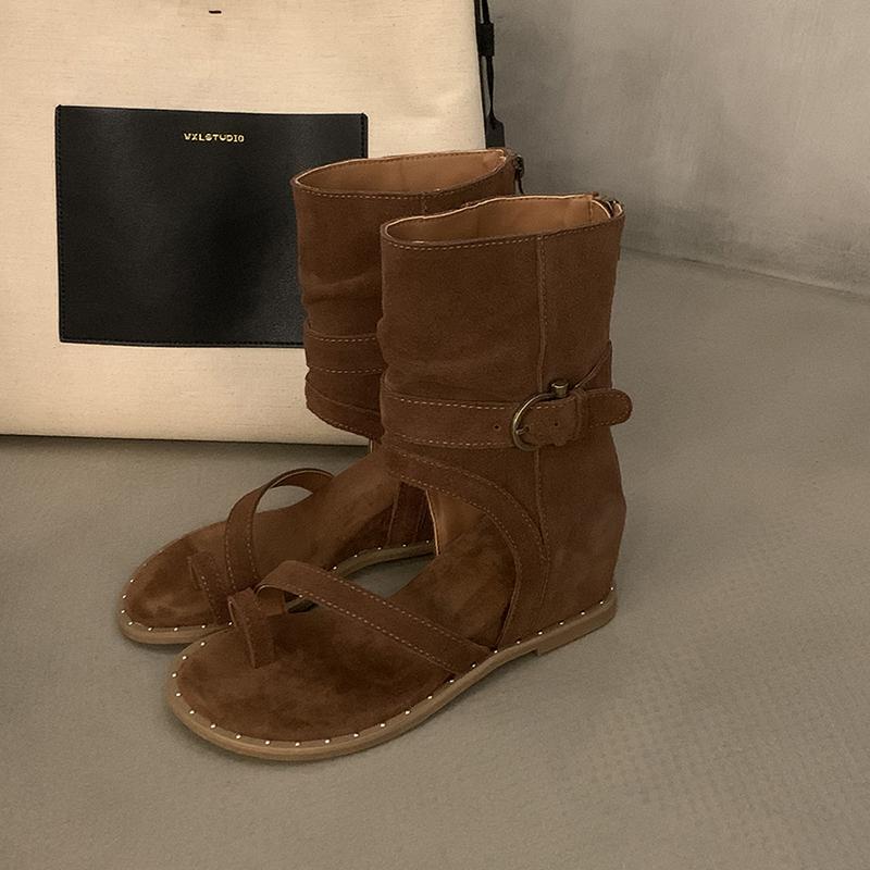 Женские ковбойские сапоги в римском стиле, модные, с застежкой-молнией сзади, до середины голени, с внутренним подъемом, женские туфли