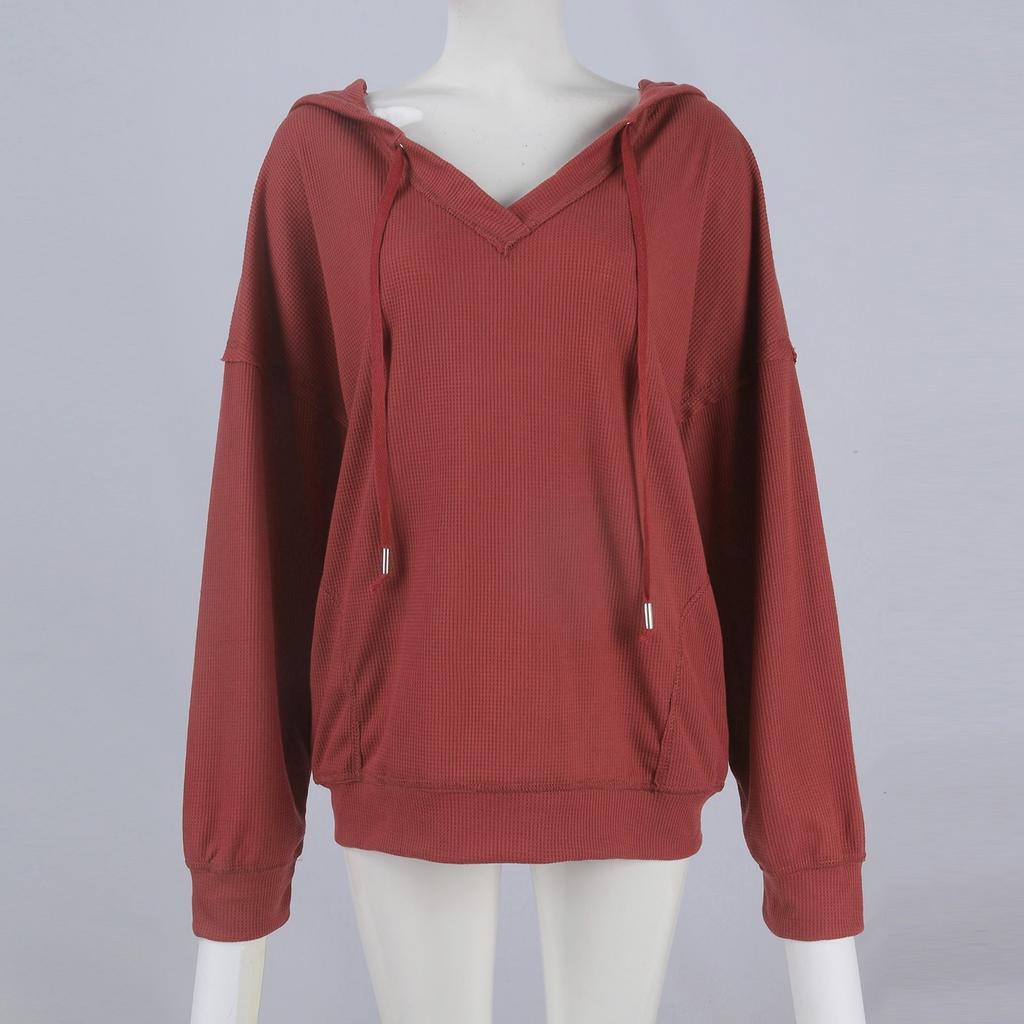 Женская повседневная модная однотонная толстовка с капюшоном и V-образным вырезом с длинным рукавом