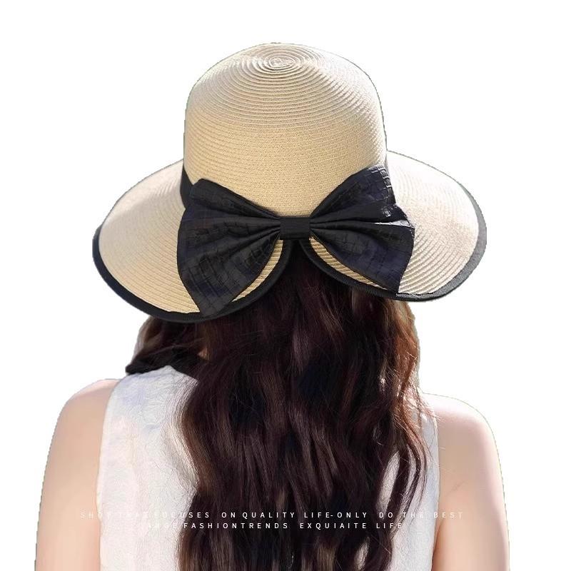 Straw hat women's new sun hat beach hat bow summer eaves UV protection sun hat